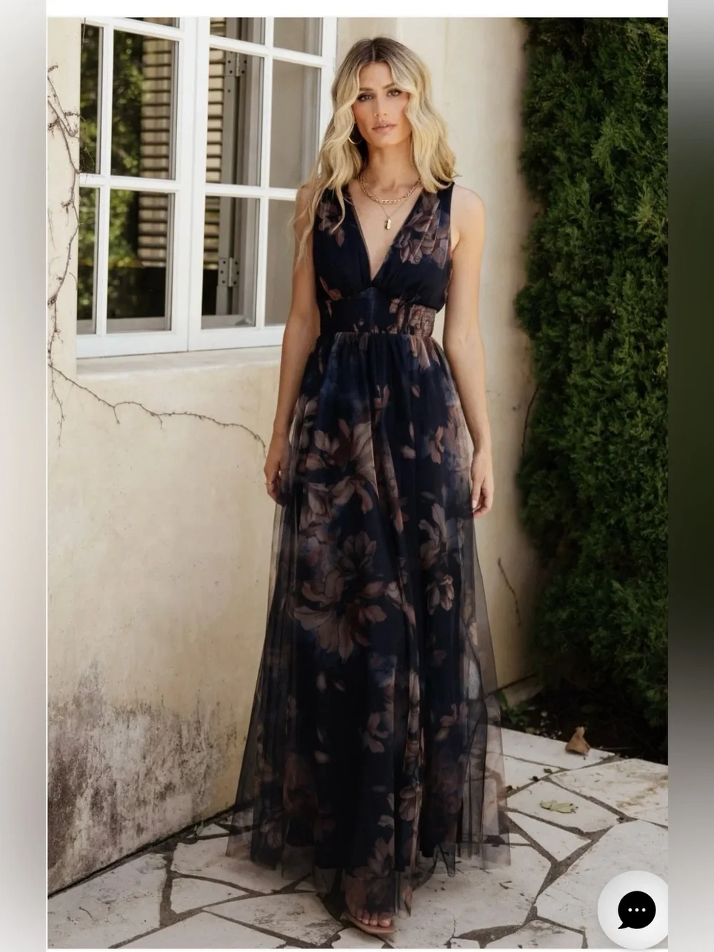 NWT Kamila Tulle Maxi Dress | Dark Blue Floral - L - Picture 1 of 5